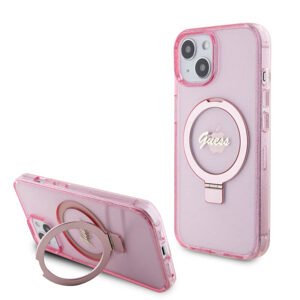 Pouzdro Guess IML Ring Stand Glitter MagSafe Apple iPhone 15 Pink