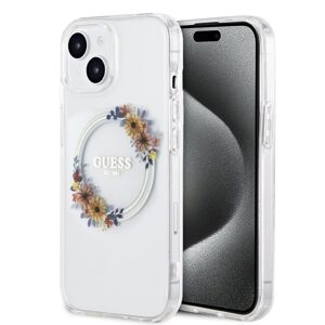 Pouzdro Guess PC/TPU Flowers Ring Glossy Logo MagSafe Apple iPhone 15 Transparent