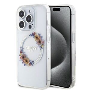 Pouzdro Guess PC/TPU Flowers Ring Glossy Logo MagSafe Apple iPhone 15 PRO Transparent