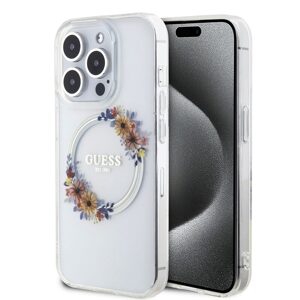 Pouzdro Guess PC/TPU Flowers Ring Glossy Logo MagSafe Apple iPhone 15 PRO MAX Transparent