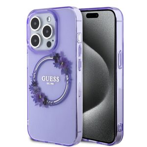 Pouzdro Guess PC/TPU Flowers Ring Glossy Logo MagSafe Apple iPhone 15 PRO Purple