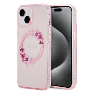Pouzdro Guess PC/TPU Flowers Ring Glossy Logo MagSafe Apple iPhone 15 Pink
