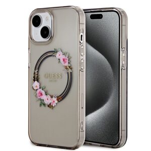 Pouzdro Guess PC/TPU Flowers Ring Glossy Logo MagSafe Apple iPhone 15 Black