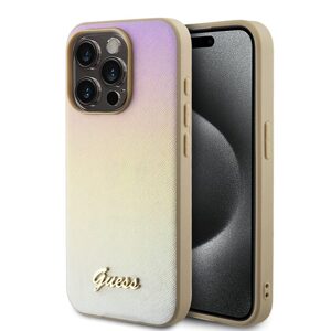 Pouzdro Guess PU Leather Iridescent Metal Script zadní kryt Apple iPhone 15 PRO MAX Gold