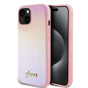 Pouzdro Guess PU Leather Iridescent Metal Script zadní kryt Apple iPhone 15 Pink