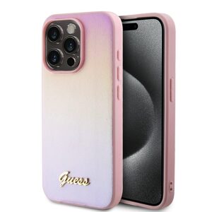 Pouzdro Guess PU Leather Iridescent Metal Script zadní kryt Apple iPhone 15 PRO MAX Pink
