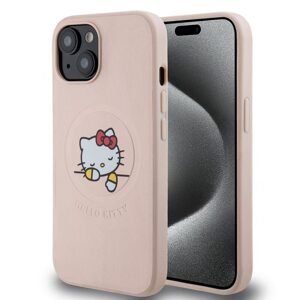 Pouzdro Hello Kitty PU Kitty Asleep Logo MagSafe zadní kryt pro Apple iPhone 15 Pink