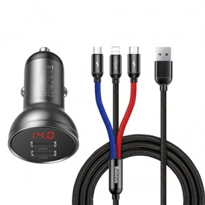 Baseus Digital 2x USB autonabíječka + 3in1 kabel USB - UBS C / Micro USB / Lightning 1.2m, černá (TZCCBX-0G)