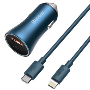 Baseus Golden Contactor Pro autonabíječka USB-C / USB 40W PD QC + kabel USB-C / Lightning, modrá (TZCCJD-03)