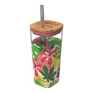Quokka Liquid Cube sklenice s brčkem 540 ml, jungle flora