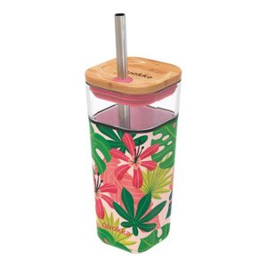Quokka Liquid Cube sklenice s brčkem 540 ml, pink jungle flora