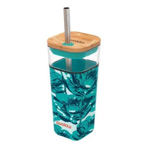 Quokka Liquid Cube sklenice s brčkem 540 ml, water flowers