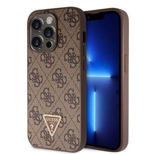 Guess PU 4G Strass Triangle Metal Logo Zadní Kryt pro iPhone 15 Pro Brown GUHCP15LP4TDPW