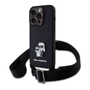 Karl Lagerfeld Saffiano Crossbody Metal Karl and Choupette Zadní Kryt pro iPhone 15 Pro Black KLHCP15LSAKCPBK
