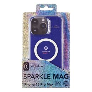 Třpytivý zadní kryt Cellularline Sparkle Mag s podporou Magsafe pro Apple iPhone 15 Pro Max, čirý SPARKMAGIPH15PRMT