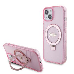 Guess IML Ring Stand Glitter MagSafe Zadní Kryt pro iPhone 15 Pink GUHMP15SHRSGSP