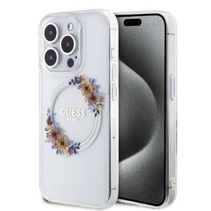 Guess PC/TPU Flowers Ring Glossy Logo MagSafe Zadní Kryt pro iPhone 15 Pro Max Transparent GUHMP15XHFWFCT