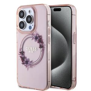 Guess PC/TPU Flowers Ring Glossy Logo MagSafe Zadní Kryt pro iPhone 15 Pro Pink GUHMP15LHFWFCP