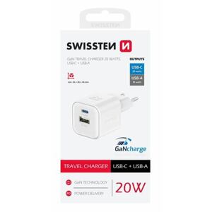 SWISSTEN TRAVEL CHARGER GaN 1x USB-C 20W PD AND 1x USB-A 18W QC WHITE 22071100