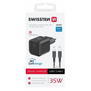 SWISSTEN TRAVEL CHARGER GaN 1x USB-C 35W POWER DELIVERY BLACK + DATA CABLE USB-C/USB-C 1,2 M BLACK 22070230