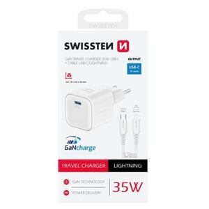 SWISSTEN TRAVEL CHARGER GaN 1x USB-C 35W POWER DELIVERY WHITE + DATA CABLE USB-C/LIGHTNING 1,2M WHIT 22070240