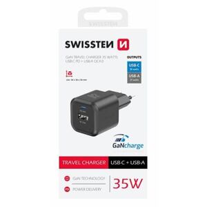 SWISSTEN TRAVEL CHARGER GaN 1x USB-C 35W PD + 1x USB-A 27W QC BLACK 22071210